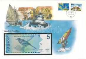 Holland-Antillák 1986. 5G borítékban, alkalmi bélyeggel és bélyegzéssel T:I  Netherlands Antilles 1986. 5 Gulden in envelope with stamps and cancellations C:UNC