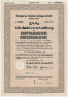 Német Harmadik Birodalom / Schwarza (Saale) 1943. Thüringiai Műselyem Részvénytársaság Schwarza (Saale) 4 1/2%-os záloglevele 1000M-ról, szárazpecséttel, szelvényekkel T:I- German Third Reich / Schwarza (Saale) 1943. Thüringische Zellwolle Aktiengesellschaft Schwarza (Saale) 4 1/2% partial debenture about 1000 Mark C:AU
