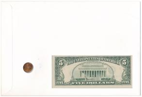 Amerikai Egyesült Államok érmés és bankjegyes, pecsételt boríték benne 1990. 1c érmével és 1988. 5$ ...
