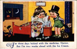 1937 Three days behind with de medicine, Doctor, but Im two weeks ahead with the ice cream children art postcard, humour. H.B. Ltd. No. 4389. (EB)