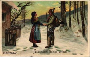 1902 Szerencsés Boldog Újévet! / New Year greeting art postcard, romantic couple, hunter with rifle. Kunstverlag Rafael Neuber Serie 47. litho s: E. Döcker jun. (EK)