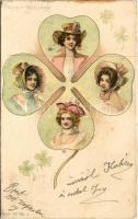 1901 Prosit Neujahr! / New Year greeting art postcard, lady, clover. Serie 707. No. 4. Art Nouveau, litho (ragasztónyom / glue mark)