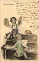 1904 Boldog Újévet! / New Year greeting art postcard, children, piano, piggy bank. S.B. Vienne (b)