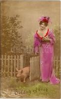 1906 Boldog Újévet! / New Year greeting art postcard, lady with pig. Oranotypie