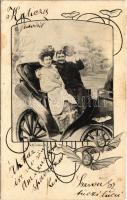 1901 Lady, romantic couple, automobile. Fec. Ch. Scolik Wien. Art Nouveau (fl)