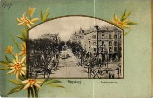 1907 Augsburg, Bahnhofstrasse / street view, trams. Verlag C. Holfelder & Cie. Art Nouveau, litho frame (EK)