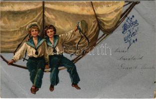 1903 Boldog újévet matrózokkal / New Year greeting, Navy mariners. litho