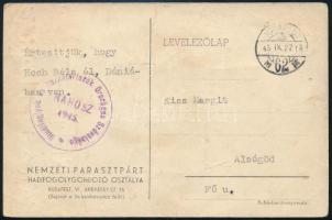 1945 Értesítés hadifogoly ügyben Kiss Margit alsógödi lakos kérésére a válasz megjött, a Nemzeti Parasztpárt levelezőlapján