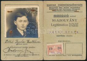 1938 Magyar Cserkészszövetség fényképes igazolvány tagdíjbélyeggel