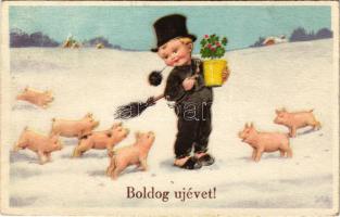 Boldog új évet! Kéményseprő malacokkal / New Year greeting, chimney sweeper with pigs
