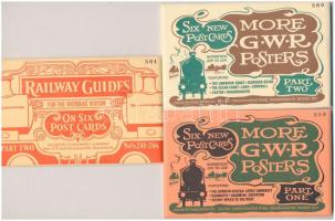 3 db MODERN 6 részes (összesen 18 db) reprint képeslap: vasúti utazások plakátok eredeti borítékokban / 18 modern reprint railway travel advertising postcards in 3 envelopes