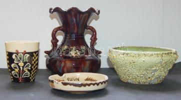 4db különféle égetett mázas agyag tétel, mint: virágtartó, hamutartó, pohár és egy 18cm magas váza