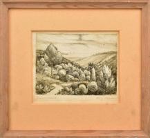 Fáy Aladár (1898-1963): Dombvidék. Rézkarc, papír, jelzett, kissé gyűrött, fakeretben, 12×15,5 cm