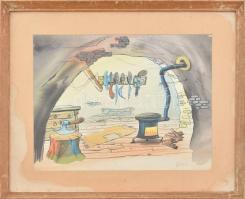 Gácsi Mihály (1926-1987): Brémai muzsikusok háza (mese illusztráció). Akvarell, papír. Jelzett. Üvegezett fakeretben, 28,5×38,5 cm
