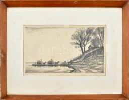 Zádor István (1882-1963): Komp a Tiszán. Litográfia, papír, jelzett, kissé foltos, üvegezett fakeretben. 21×37 cm