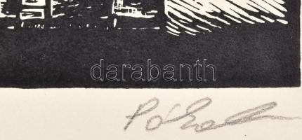 Póka György (1944-): Várakozó. Linómetszet, papír. Jelzett. Fakeretben. Kissé hullámos. 28x28 cm