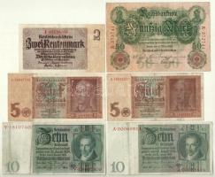 Német Birodalom 1906. 50M + 1929. 10M (2x) + 1937. 2M + 1942. 5M (2x) T:III,III- German Empire 1906. 50 Mark + 1929. 10 Reichsmark (2x) + 1937. 2 Rentenmark + 1942. 5 Reichsmark (2x) C:F,VG