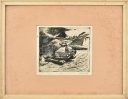 Palicz József (1931-2010): Csónakok a Tiszán. Rézkarc, papír, jelzett, lap széle kissé foltos, üvegezett fakeretben. 19,5×21 cm