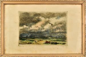 Elekfy Jenő (1895-1968): Felhős táj. Színezett rézkarc, papír, jelzett, lap széle kissé foltos, üvegezett fakeretben, 29×38 cm