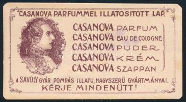 cca 1910 Casanova parfummel illatosított lap, Casanova reklámkártya, valóban kis illat maradvánnyal, 8x4 cm