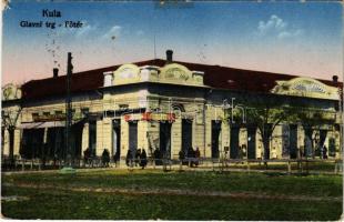 1931 Kula, Glavni trg / Fő tér, büfé, vendéglő, üzlet. H. Kiefer kiadása / main square, buffet, restaurant, shop (EK)