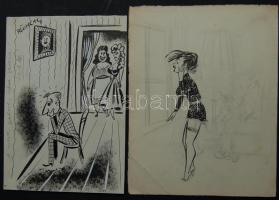Ruszkay György (1924-1998): 2db karikatúra, vegyes technika, egyik szignált a másik félkész állapotban vízjeles papíron, különböző méret