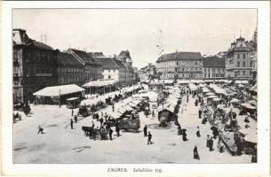 Zagreb, Zágráb; Jelacicev trg / piac, lóvasút, üzletek / market, horse-drawn tram, shops (EK)