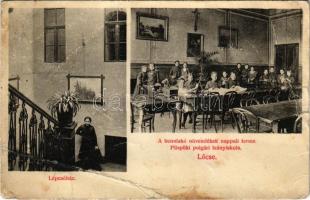 Lőcse, Levoca; Püspöki polgári leány iskola, a bennlakó növendékek nappali terme, lépcsőház, belső / girl school interior (r)