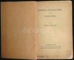 Rédey Tivadar: Kritikai dolgozatok és vázlatok. A szerző, Rédey Tivadar (1885-1953) könyvtáros, színház- és irodalomtörténész, az Országos Széchényi Könyvtár főigazgató-helyettese által dedikált példány. ("Binder Jenő igazgató úrnak őszinte tisztelettel. (1)931. jan. 13.") Bp., 1931, Pfeifer Ferdinánd,(Zeidler Testvérek), 159+1 p. Papírkötés, bekötött, javított eredeti elülső papírborítóval, ceruzás aláhúzásokkal.