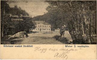 1898 (Vorläufer) Pozsony, Pressburg, Bratislava; Vaskutacska, Vaskút fürdő, Weber J. vendéglője. K. Körper felvétele. M. Freistadt kiadása / Eisenbrünnel (Eisenbründl) / Zelezná Studienka / spa, bathhouse, restaurant (EK)