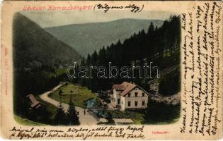 1901 Körmöcbánya, Kremnitz, Kremnica; Zólyomvölgy, Vadászkürt szálloda, nyaraló. Ritter Lipót J. kiadása / hotel, villa, valley (b)
