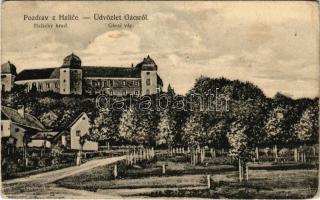 1922 Gács, Halic; vár, kastély. Redlinger I. kiadása / castle / Halicky Hrad (kopott sarkak / worn corners)