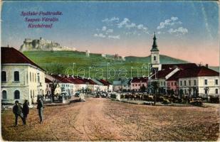 1923 Szepesváralja, Kirchdrauf, Spisské Podhradie; Fő tér és Szepes vára, piac, üzletek / Spissky hrad / Zipser Schloss / castle, main square, market, shops (EB)