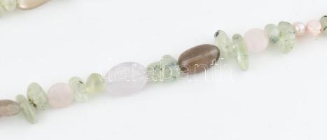 Prehnit, hegyikristály, tenyésztett gyöngy, és rózsakvarc nyaklánc, h: 94cm