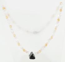 Fekete turmalin, rózsakvarc és hegyikristály nyaklánc. h: 46cm