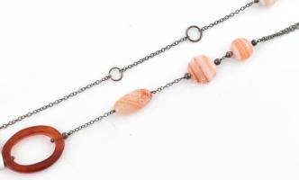 Ezüst (Ag) nyaklánc, achátokkal, jelzés nélkül, h: 88cm, bruttó: 34g