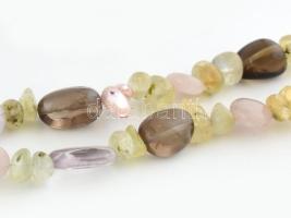Prehnit, füstkvarc, rózsakvarc és tenyésztett gyöngy nyaklánc, h: 47 cm