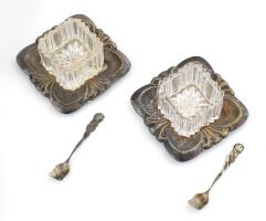 Kávés teás készlet. Cukortartó, tejkiöntő, két cukortartó. Alpakka, üveg betéttel, kis kanállal. Róz...