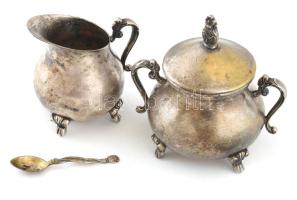 Kávés teás készlet. Cukortartó, tejkiöntő, két cukortartó. Alpakka, üveg betéttel, kis kanállal. Róz...