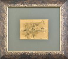 Jelzés nélkül: Ceglédi tábor (katonák a II. világháborúban). Ceruza, papír. Dekoratív, üvegezett fakeretben. 9,5x13,5 cm