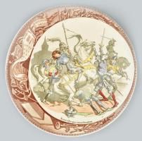 Sarreguemines porcelán dísztál, Matricás, jelzett, kopással d: 22 cm