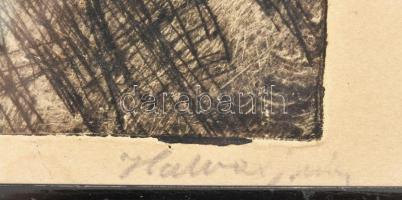 Halvax Gyula (1906-1984): Zenész, 1928. Rézkarc, papír. Jelzett. Üvegezett, sérült fakeretben. 16x14...