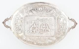 Ezüst(Ag) kétfüles, virágos antik tálka mulatozó társaság jelenettel, jelzett, 20×12,7 cm, nettó: 112 g