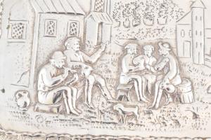 Ezüst(Ag) kétfüles, virágos antik tálka mulatozó társaság jelenettel, jelzett, 20×12,7 cm, nettó: 11...