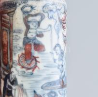 Kínai máz alatti vörös-kék festésű tubákos porcelán üvegcse, korallkupakos fém nyéllel, kupakon kis ...