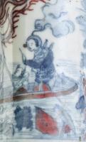 Kínai máz alatti vörös-kék festésű tubákos porcelán üvegcse, korallkupakos fém nyéllel, kupakon kis ...