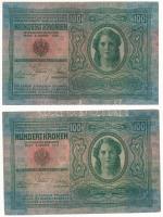 1912. 100K (2xklf) egyik piros "MAGYARORSZÁG" felülbélyegzéssel, másik fekete "Romani...