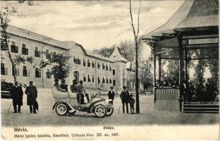 1909 Hévíz, Fő tér, zenepavilon és autó. Mérei Ignác kiadása 337. 1907. (EK) + ADONY-PUSZTASZABOLCS P.U. vasúti mozgóposta
