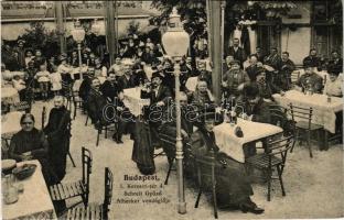1913 Budapest I. Tabán, Schreil Győző Albecker vendéglője, étterem, kert vendégekkel, pincérekkel. Kereszt tér 4. (r)