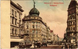 1913 Budapest VIII. Rákóczy út, Blaha Lujza tér, villamosok, Kartschmaroff A., Drogéria, kávéház, Pesti Hazai Első Takarékpénztár Egyesület, Krayer E.T. üzlete, Dr. Bonyhárd M. fogorvos (EK)